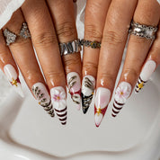 Monochrome Orchid Stripe STME0031 press-on nails hand model scene view 1