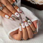 Monochrome Orchid Stripe STME0031 press-on nails hand model scene view 3