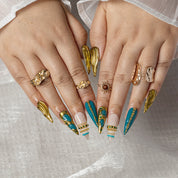Teal Gilded Tide STME0039 press-on nails hand model scene view 2