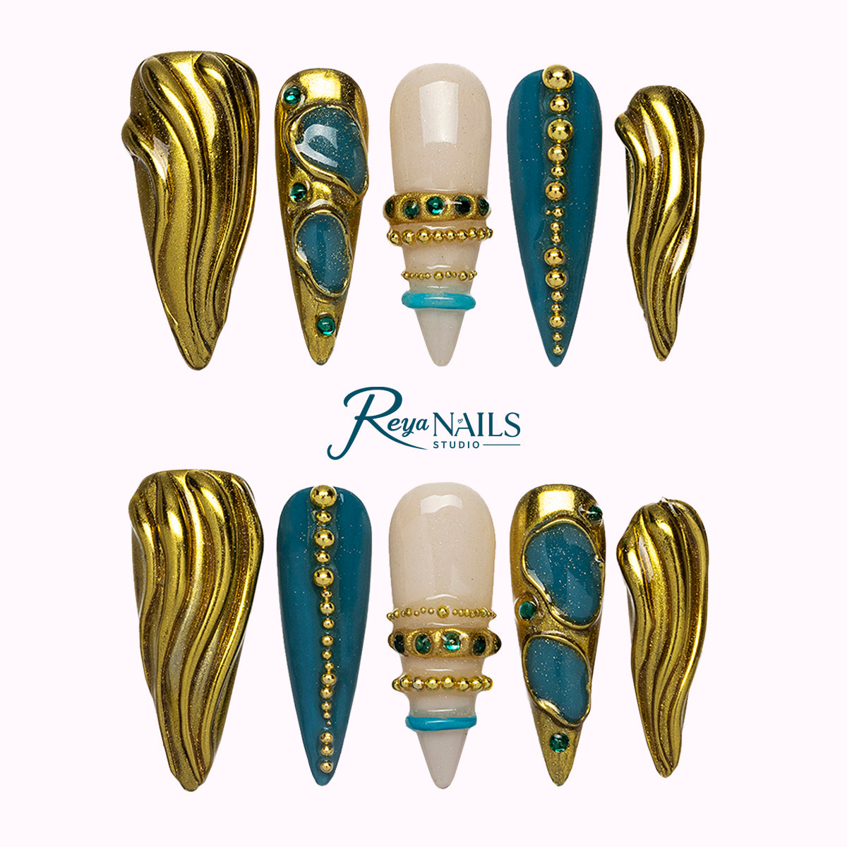 Teal Gilded Tide STME0039 stiletto medium press-on nails product view