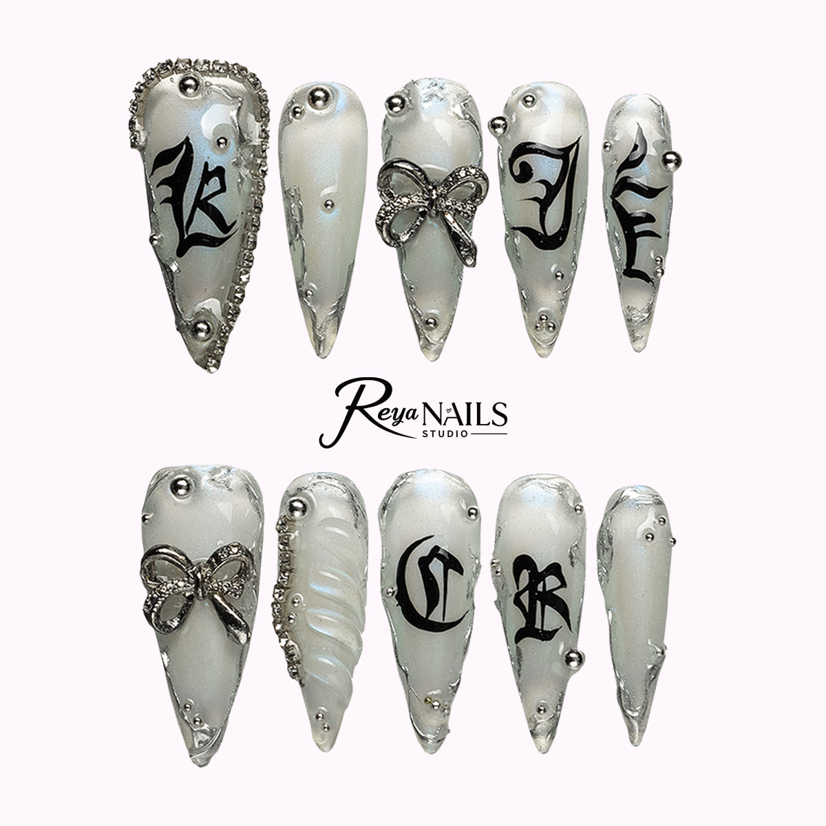 Silver Bow Noir STME0045 stiletto medium press-on nails product view