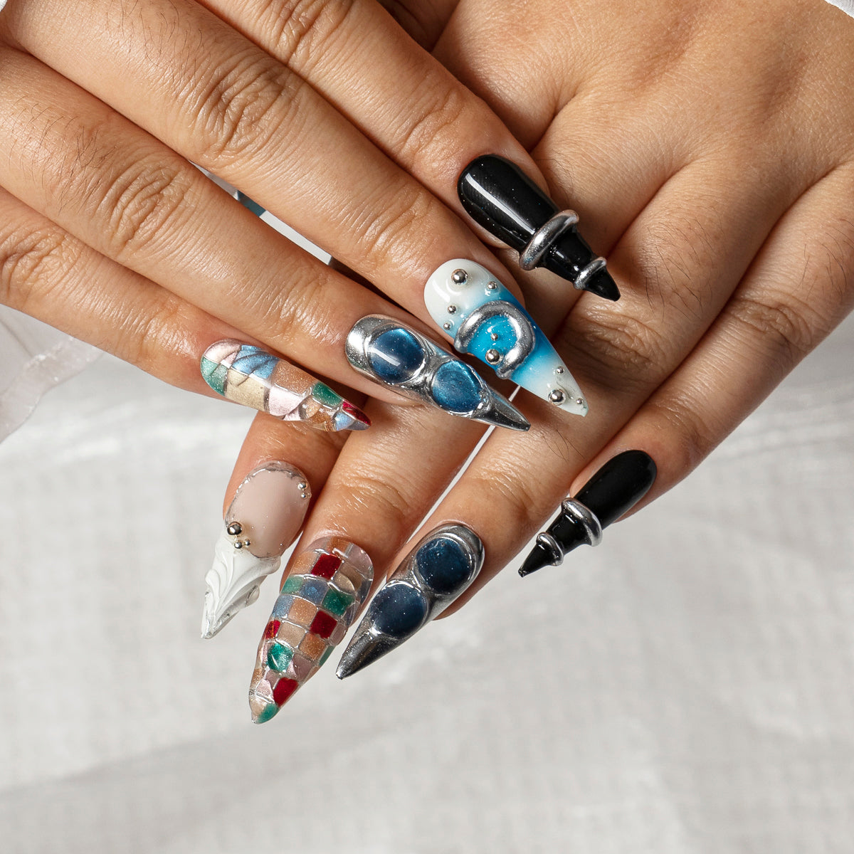 Arctic Blue Orbit STME0047 press-on nails hand model scene view 2