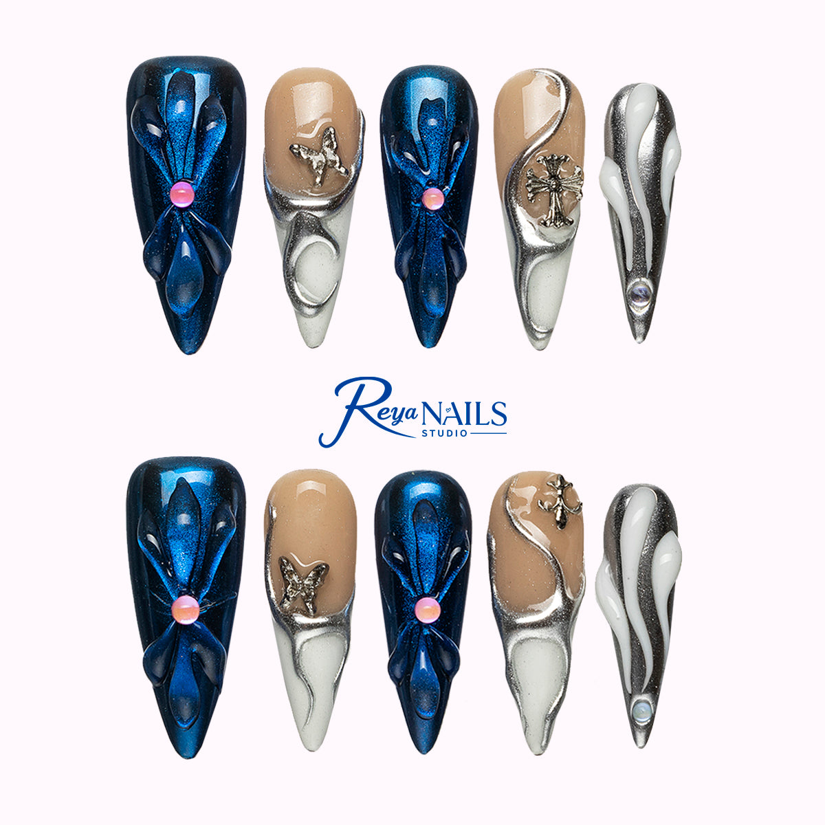 Midnight Sapphire Bloom STME0049 stiletto medium press-on nails product view