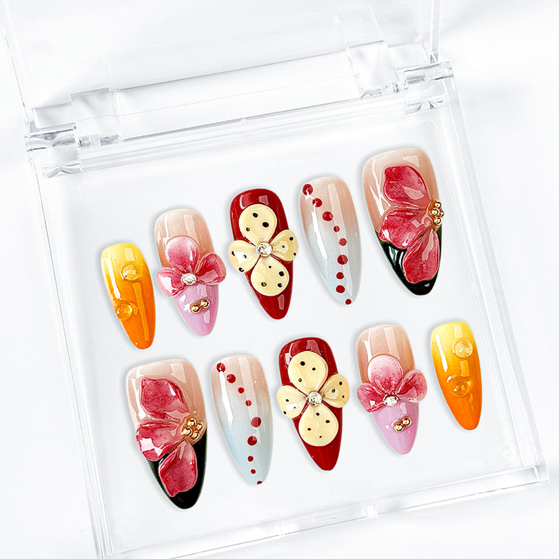 summer floral nails medium almond press-on nails with orange red yellow colors and cute flower details