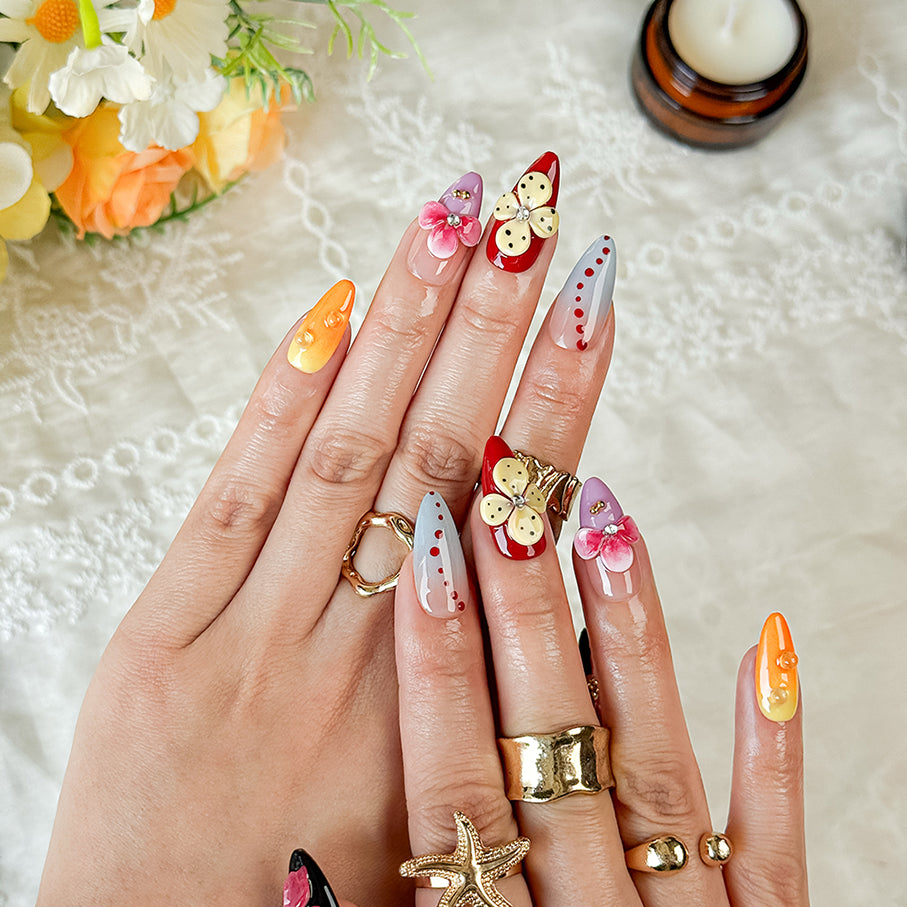 summer floral nails medium almond press-on nails with orange red yellow colors and cute flower details