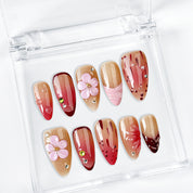 two tone summer ombre nails medium almond nude pink red press-on nails with flower and crystal details