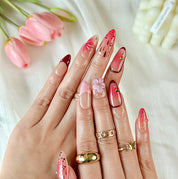 two tone summer ombre nails medium almond nude pink red press-on nails with flower and crystal details