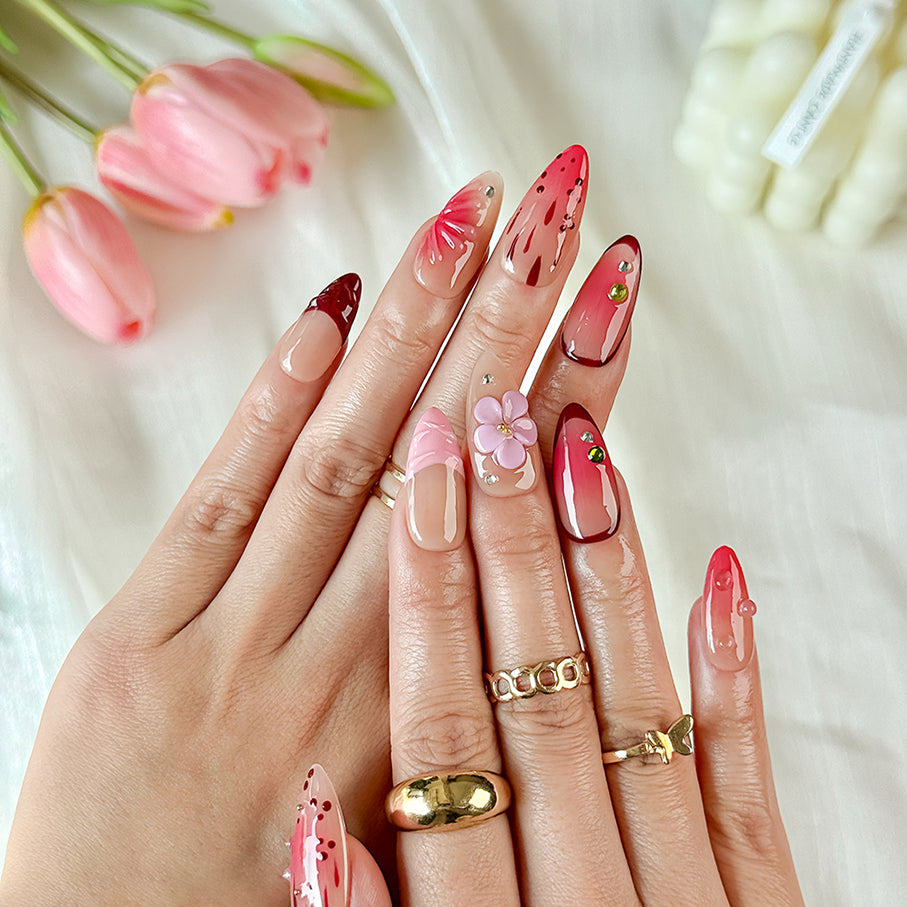 two tone summer ombre nails medium almond nude pink red press-on nails with flower and crystal details