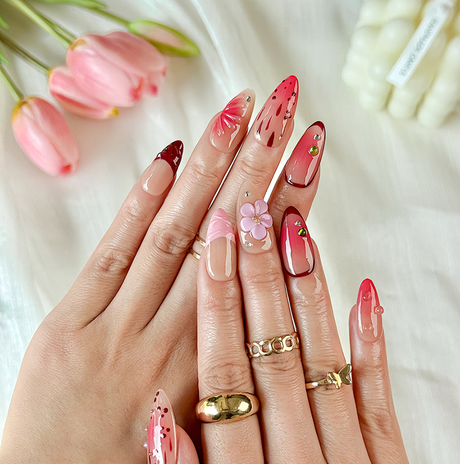 two tone summer ombre nails medium almond nude pink red press-on nails with flower and crystal details