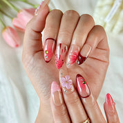 two tone summer ombre nails medium almond nude pink red press-on nails with flower and crystal details