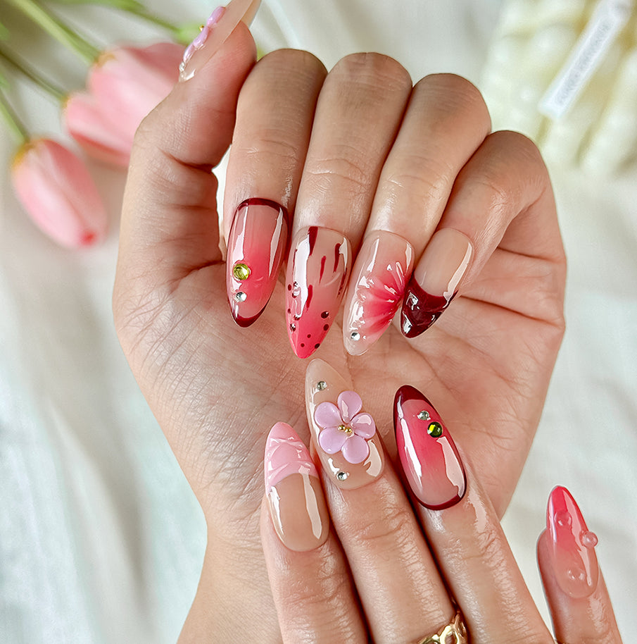 two tone summer ombre nails medium almond nude pink red press-on nails with flower and crystal details