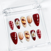 white and red nail art medium almond press-on nails with glossy red white accents and flower detail for prom summer holiday style