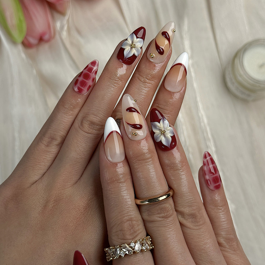 white and red nail art medium almond press-on nails with glossy red white accents and flower detail for prom summer holiday style