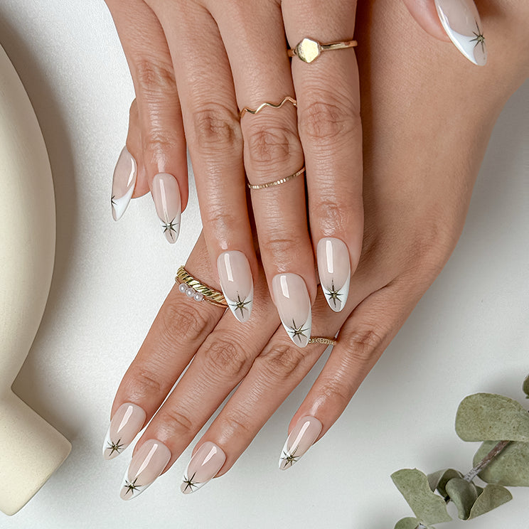 white sparkly nails medium almond nude press-on nails with simple nail art for summer wedding
