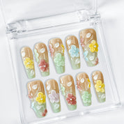 yellow blue nail designs long square nude green press-on nails with pastel flower accents for spring summer wedding
