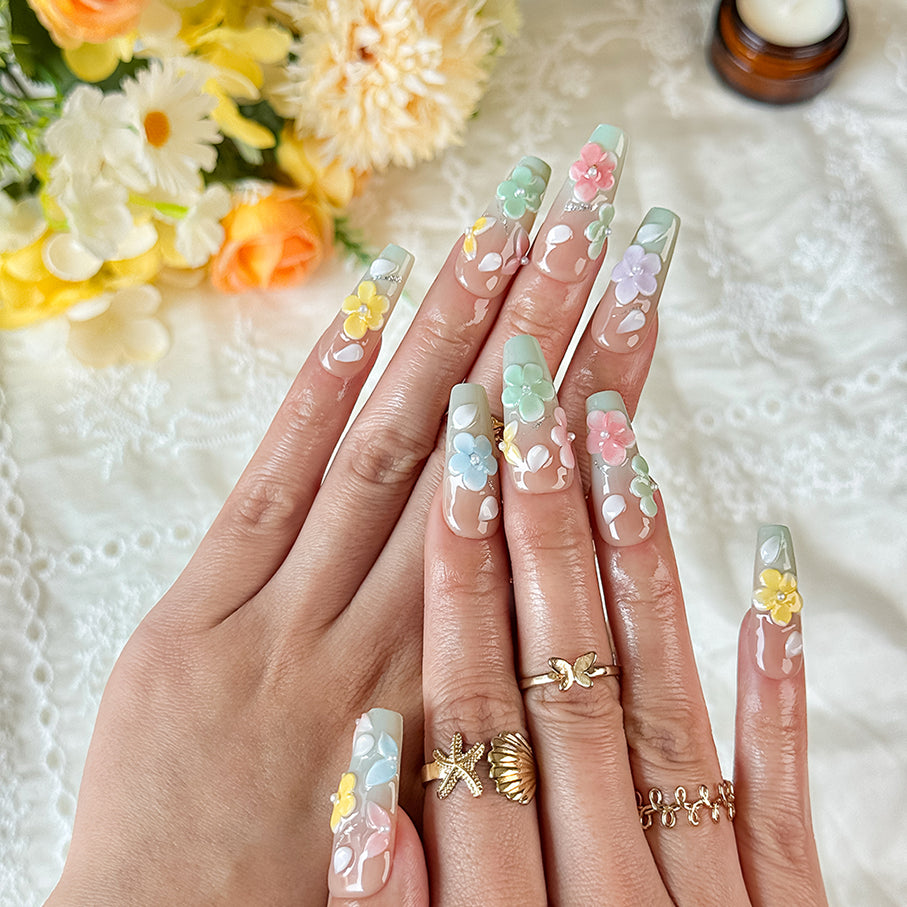 yellow blue nail designs long square nude green press-on nails with pastel flower accents for spring summer wedding