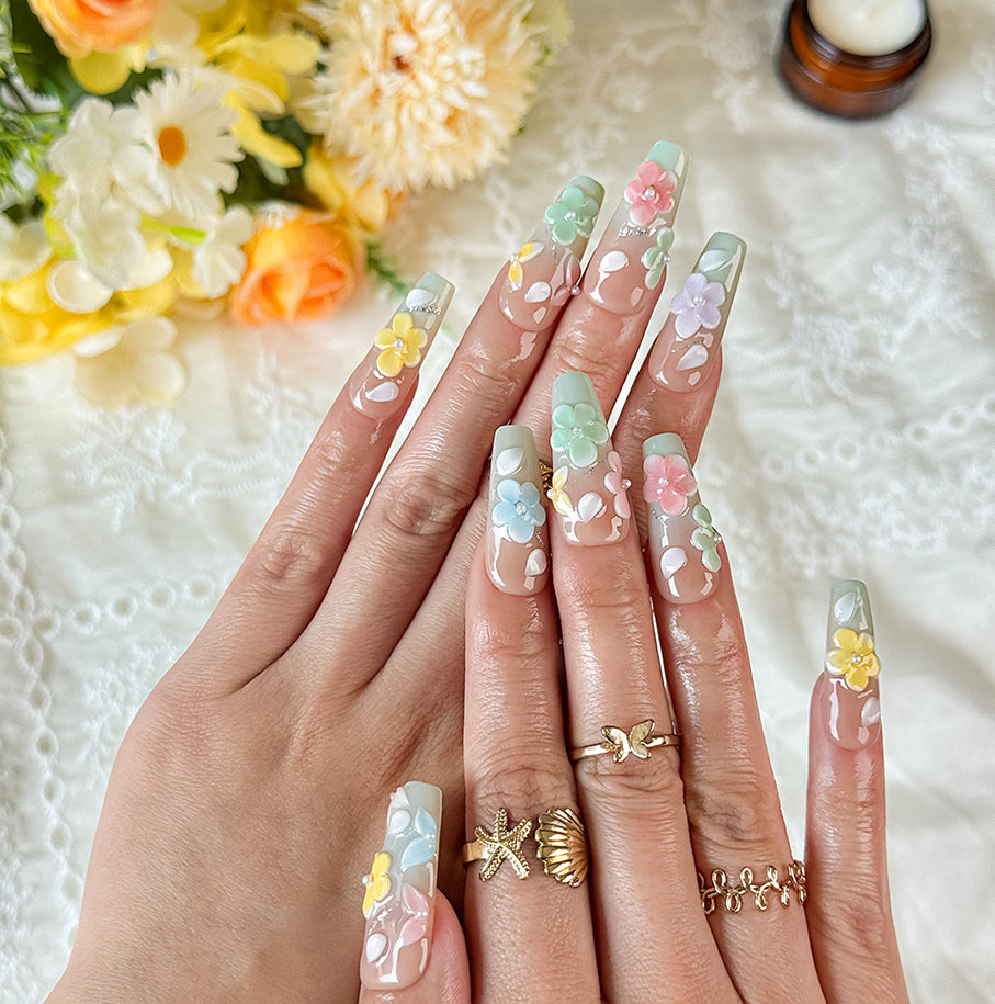yellow blue nail designs long square nude green press-on nails with pastel flower accents for spring summer wedding
