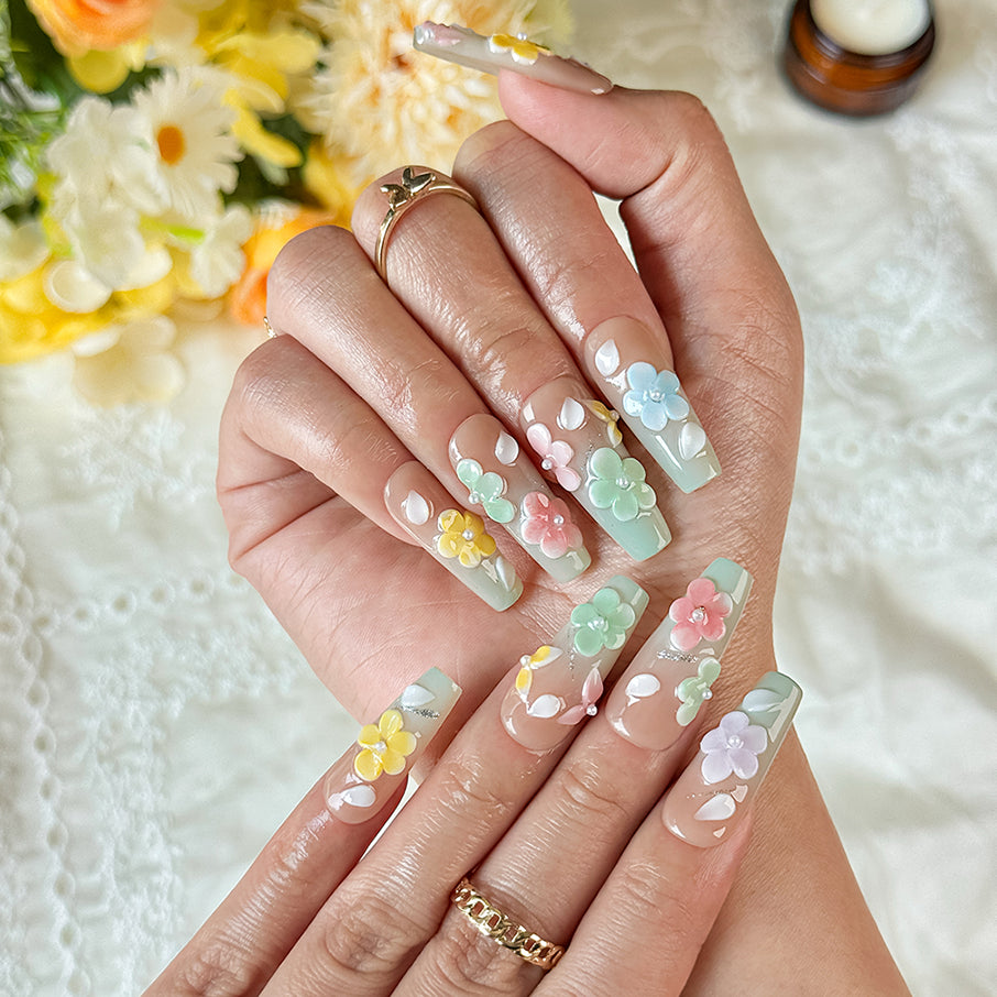 yellow blue nail designs long square nude green press-on nails with pastel flower accents for spring summer wedding
